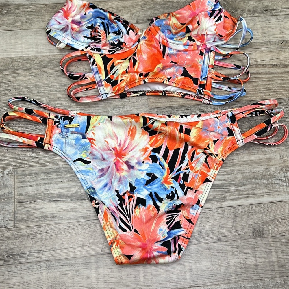 Victoria's Secret Strappy Longline Tropical Floral Bikini Swim Set NEW - Picture 4 of 16
